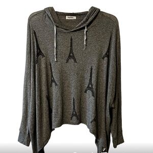 Lauren Moshi Hooded Eifel Tower Print Sweater women’s Small Gray Poncho Batwing